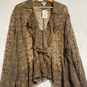 NWT J Jill 4X 100% Silk Blouse Floral Boho